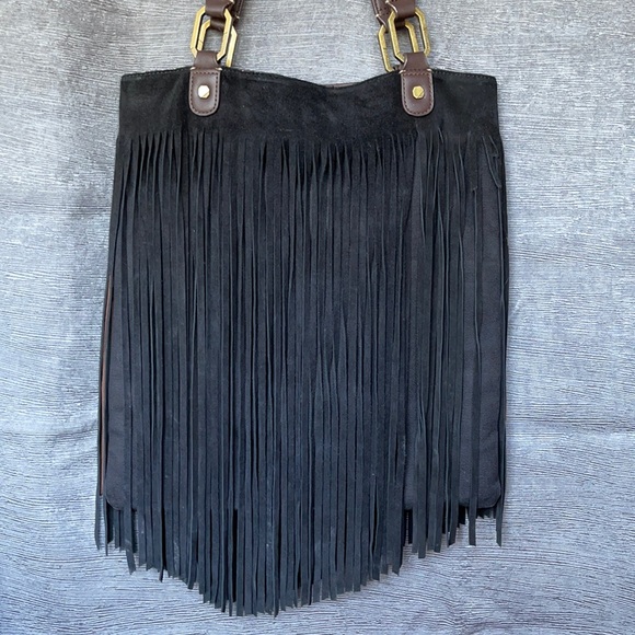 Ella Moss M/L Fringed Suede Leather Tote/handbag Black boho bag - Picture 7 of 16
